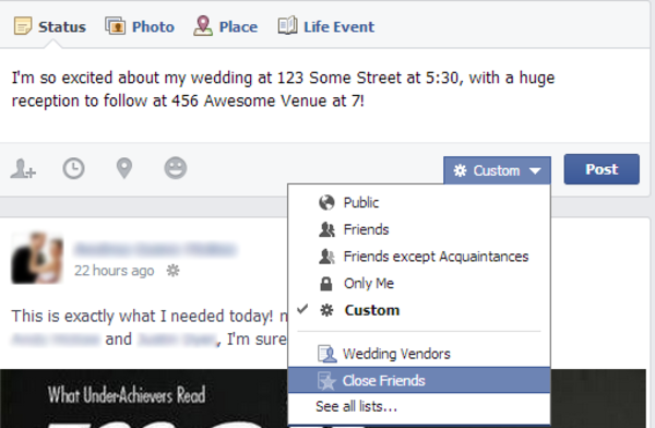 Make sure you customize your post settings on Facebook so that only certain people see what you're posting about your wedding later. The Pink Bride www.thepinkbride.com {Social Media and Your Wedding}