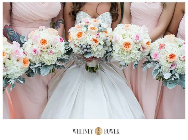 Bride and bridesmaids with coral and gray bouquets. Image by Whitney Bower Imaging, featured on The Pink Bride www.thepinkbride.com {Touchy Wedding Situation #6: Mom vs. Stepmom}