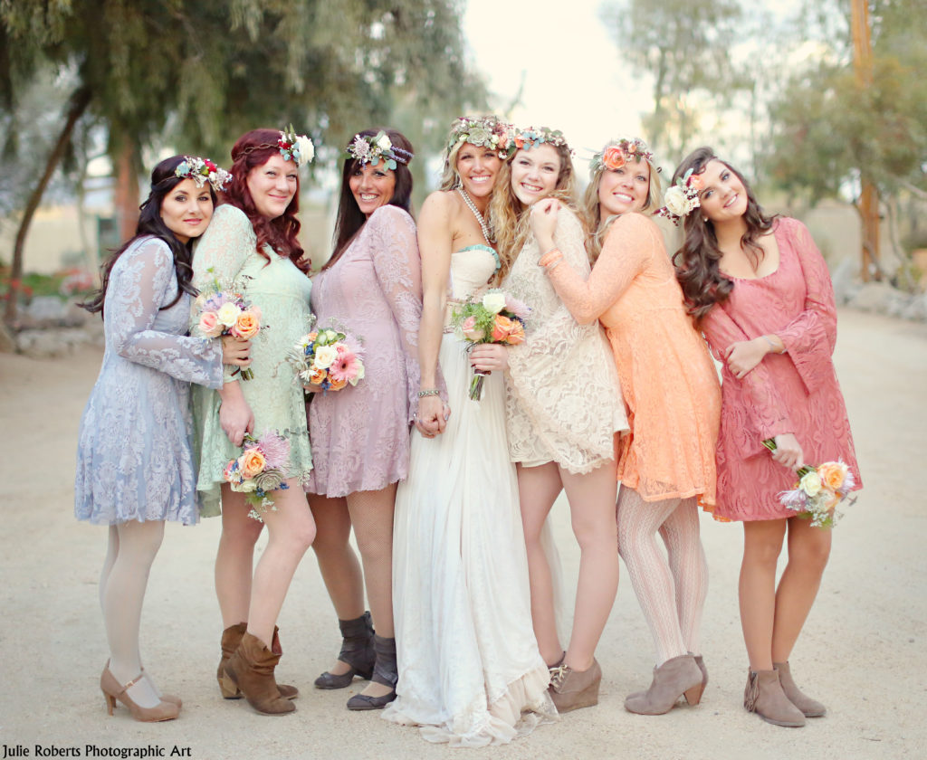 Bride with bridesmaids wearing different bridesmaid dresses but with common lace theme. Photo Credit: Julie Roberts Photographic Art | The Pink Bride® www.thepinkbride.com