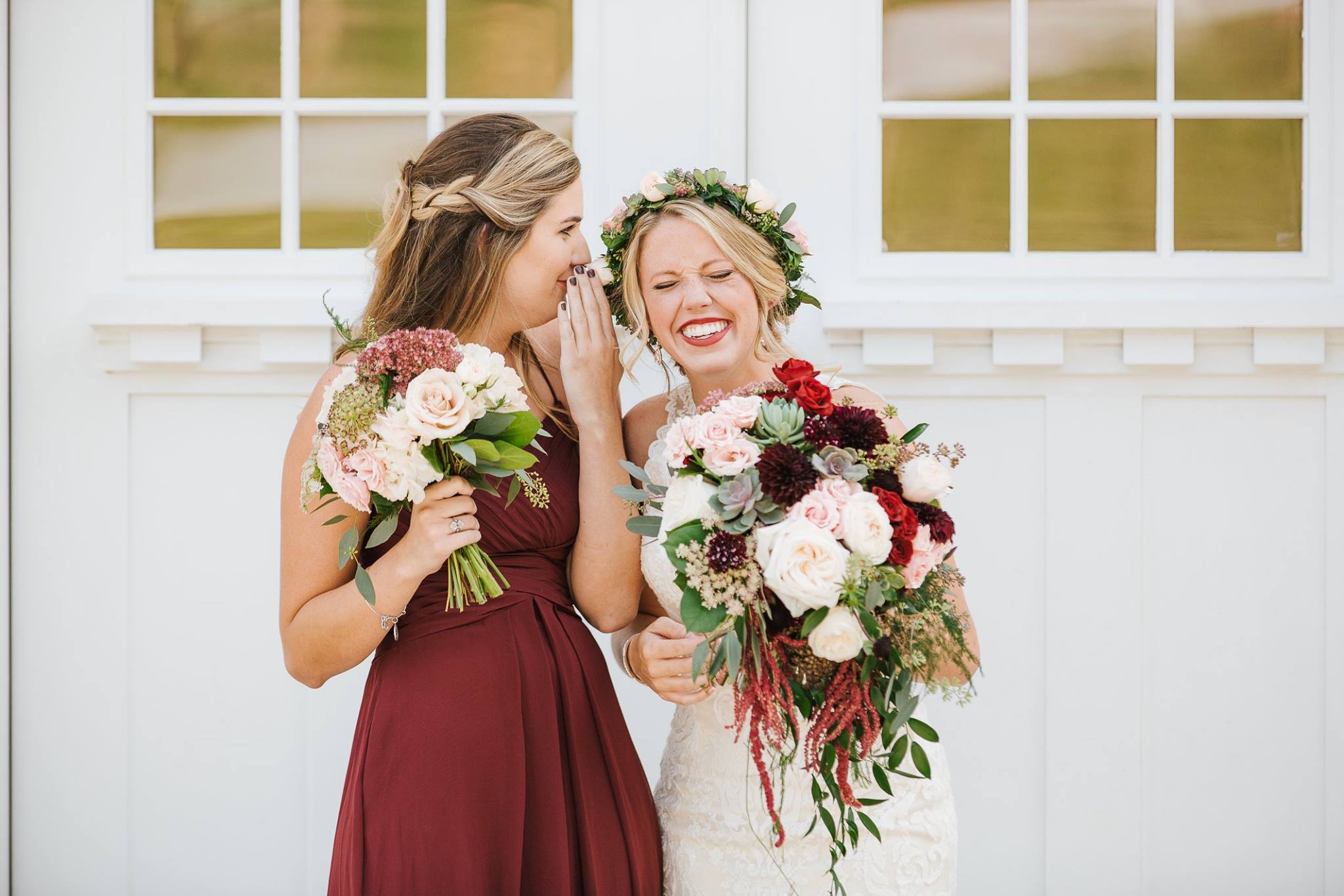 Smiling bride and bridesmaid holding bouquets with roses and succulents from Flowers by Tami by Rich Smith Photography | The Pink Bride® www.thepinkbride.com