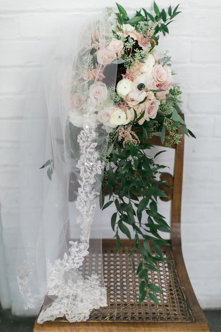Wedding veil with light pink, white, and green bouquet by Melissa Timm Designs by Brittany Conner Photography | The Pink Bride® www.thepinkbride.com